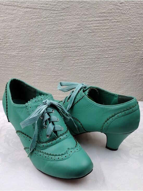 Machi Shoes - Machi Coca-01 Teal Leather Lace Up Scalloped Upper Heeled 1930 Style Oxford Shoe